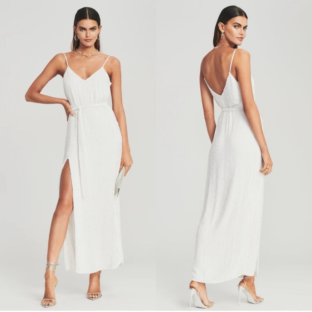 NWT Retrofete Rebecca Sequin Midi Dress in Moonglow White sz L